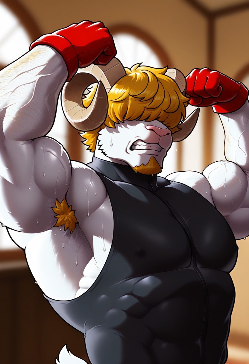 <lora:GravitonV1:1>, graviton, big horn sheep, white fur, short hair, blond hair, goatee, goat horns, hair over eyes, hairy arms, no humans, short tail, muscular male, bara, large pectorals, big biceps, furry male, furry, 1boy, anthro, solo, beautiful, hyper-detailed, highres, depth of field, very aesthetic, vibrant colors, high sharpness, soft shading, dynamic angle, cinematic lighting, detailed background, indoors, black bodysuit, sleeveless, red gloves, upper body, flexing, sweaty, armpits hair, clenched teeth, veiny arms, front view, steamy