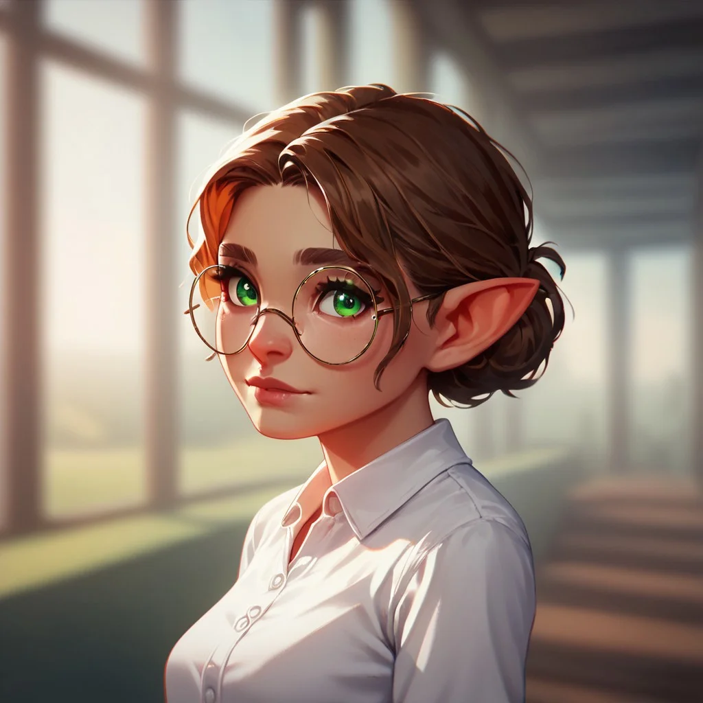 (((beautiful, high quality))), upper Body, score_9, score_8_up, score_7_up,
halfling, short stature, pointed ears, big eyes,
1girl, green eyes, brown hair, round glasses, white office shirt, fantasy clothes,
looking at the viewer, posing, blurred background, blurred fantasy background,