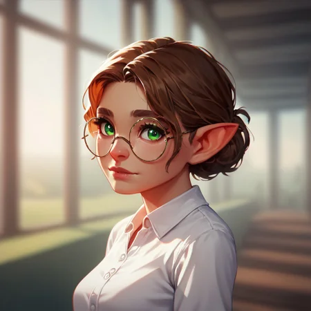 (((beautiful, high quality))), upper Body, score_9, score_8_up, score_7_up,
halfling, short stature, pointed ears, big eyes,
1girl, green eyes, brown hair, round glasses, white office shirt, fantasy clothes,
looking at the viewer, posing, blurred background, blurred fantasy background,