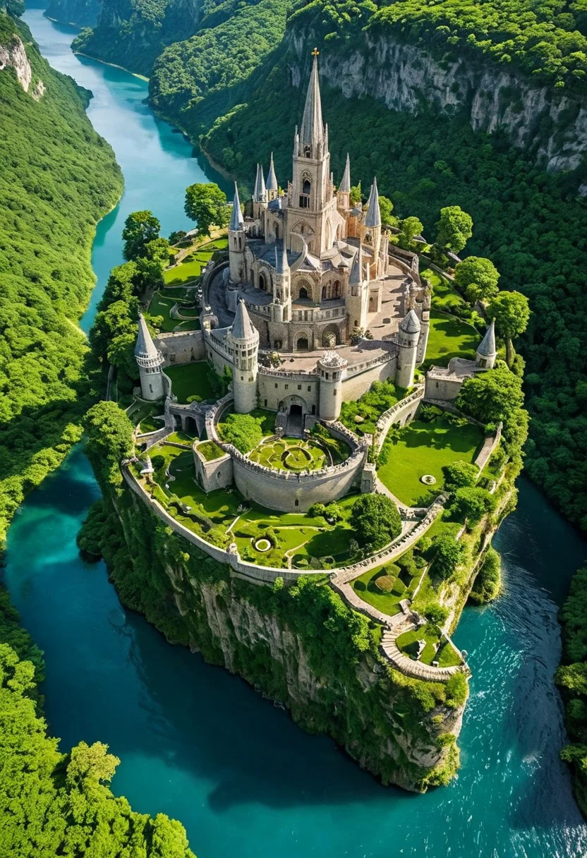 A breathtaking aerial view of an ancient floating citadel, suspended high above the clouds, Built upon sheer cliffs that plunge into misty depths below, the city radiates outward in intricate concentric layers, each level adorned with lush greenery, crystalline waterways, and grandiose stone bridges that connect the various sections of this celestial kingdom. The architecture is a mesmerizing blend of medieval fantasy and divine artistry, with towering gothic spires, ornate buttresses, and weathered stonework, giving the impression of an ancient civilization that has thrived here for centuries. At the heart of the citadel, a grand fountain adorned with glowing sapphire waters cascades into an elegant courtyard, surrounded by verdant gardens and elegant pathways lined with marble statues of forgotten deities. The city's outermost wall, an immense ring of towering arches and fortified bastions, stands as a testament to its impenetrable design, its aged stone entwined with creeping vines and radiant flora that thrive in the high-altitude sunlight. The surrounding landscape is dotted with more floating islands, each crowned with regal castles and winding stairways that disappear into the mist, creating a mesmerizing network of aerial sanctuaries. Below, cascading waterfalls spill from the edges of the cliffs, their shimmering streams merging into hidden lakes nestled within the abyss.
