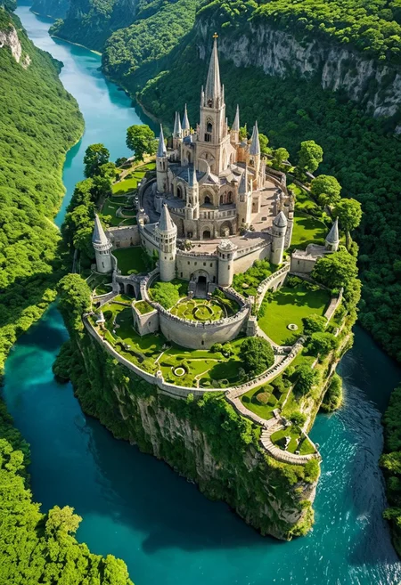 A breathtaking aerial view of an ancient floating citadel, suspended high above the clouds, Built upon sheer cliffs that plunge into misty depths below, the city radiates outward in intricate concentric layers, each level adorned with lush greenery, crystalline waterways, and grandiose stone bridges that connect the various sections of this celestial kingdom. The architecture is a mesmerizing blend of medieval fantasy and divine artistry, with towering gothic spires, ornate buttresses, and weathered stonework, giving the impression of an ancient civilization that has thrived here for centuries. At the heart of the citadel, a grand fountain adorned with glowing sapphire waters cascades into an elegant courtyard, surrounded by verdant gardens and elegant pathways lined with marble statues of forgotten deities. The city's outermost wall, an immense ring of towering arches and fortified bastions, stands as a testament to its impenetrable design, its aged stone entwined with creeping vines and radiant flora that thrive in the high-altitude sunlight. The surrounding landscape is dotted with more floating islands, each crowned with regal castles and winding stairways that disappear into the mist, creating a mesmerizing network of aerial sanctuaries. Below, cascading waterfalls spill from the edges of the cliffs, their shimmering streams merging into hidden lakes nestled within the abyss.