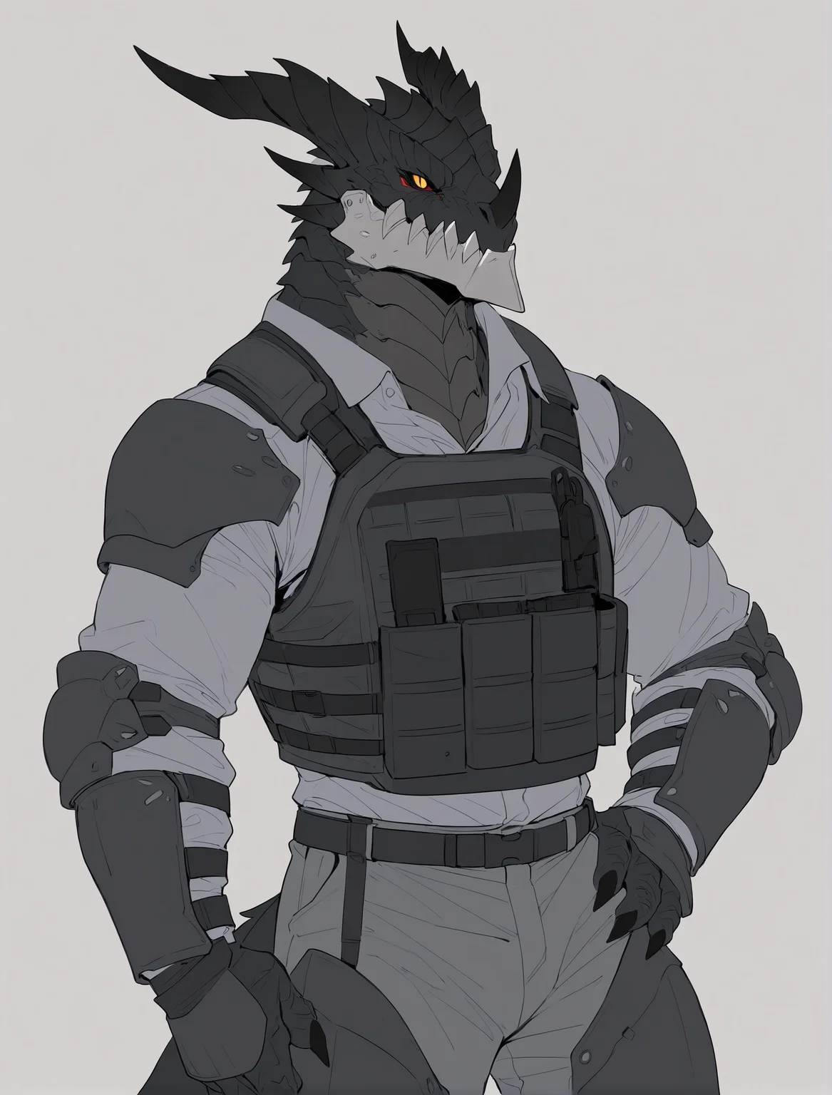 ((masterpiece, best quality)),highres,
(konya karasue:0.75)|(flat color:1.05),(lineart:0.6),
2022,2023,cowboy shot,
solo,male,furry male,1boy,deathwing,(metal jaw:1.1),(black_scales:1.1),(black body:1.1),white jaw,dragon,black horns,claws,solo,slit pupils,yellow eyes,red sclera,black nails,(4 fingers:1.1),
black Tactical vest,bulletproof vest,grey uniform,grey clothes,grey pants,Long sleeves,tactical clothes,black armor,Knee armor,Tactical vambraces,shoulder armor,elbow pads,(Tactical armor:1.2),(tactical clothes:1.2),Tactical neck armor,camail,hand on own hip,simple background,<lora:deathwing_noob_adamw8bit-000029:lbw=deathwing>,
