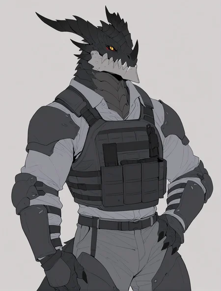 ((masterpiece, best quality)),highres,
(konya karasue:0.75)|(flat color:1.05),(lineart:0.6),
2022,2023,cowboy shot,
solo,male,furry male,1boy,deathwing,(metal jaw:1.1),(black_scales:1.1),(black body:1.1),white jaw,dragon,black horns,claws,solo,slit pupils,yellow eyes,red sclera,black nails,(4 fingers:1.1),
black Tactical vest,bulletproof vest,grey uniform,grey clothes,grey pants,Long sleeves,tactical clothes,black armor,Knee armor,Tactical vambraces,shoulder armor,elbow pads,(Tactical armor:1.2),(tactical clothes:1.2),Tactical neck armor,camail,hand on own hip,simple background,<lora:deathwing_noob_adamw8bit-000029:lbw=deathwing>,