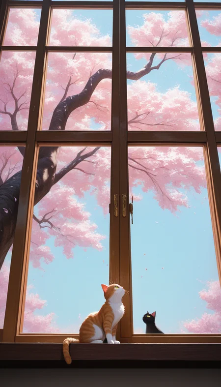 (masterpiece, best quality), amazing quality, very aesthetic, absurdres, highres, newest, HDR, 8K, chiaroscuro, impasto, intrinsic light, luster, shiny color, strong coloring, masterful shading,
cherry blossoms, reflected in the window, cat on the windowsill, the cat looking out, from inside, beautiful scene, looks up, sweet-scented, cherry blossoms, flowers, focus, window,