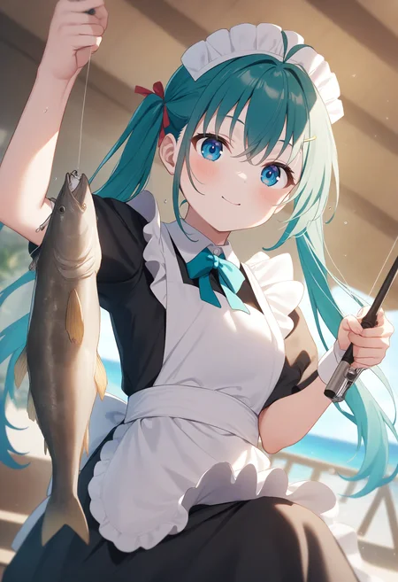1girl,sincos, ningen mame, toosaka asagi,solo,medium breasts,20yo,maid,maid headdress,
fishing, fishing rod, fish, boat, holding fishing rod, holding fish, ocean, day, arm up, water drop, fishing line, <lora:fishing_XL_v1:0.8>
ceiling, cinematic angle, looking at viewer, aqua hair, silver eyes,light smile, closed mouth, short twintails hair,,
best quality, very aesthetic, absurdres