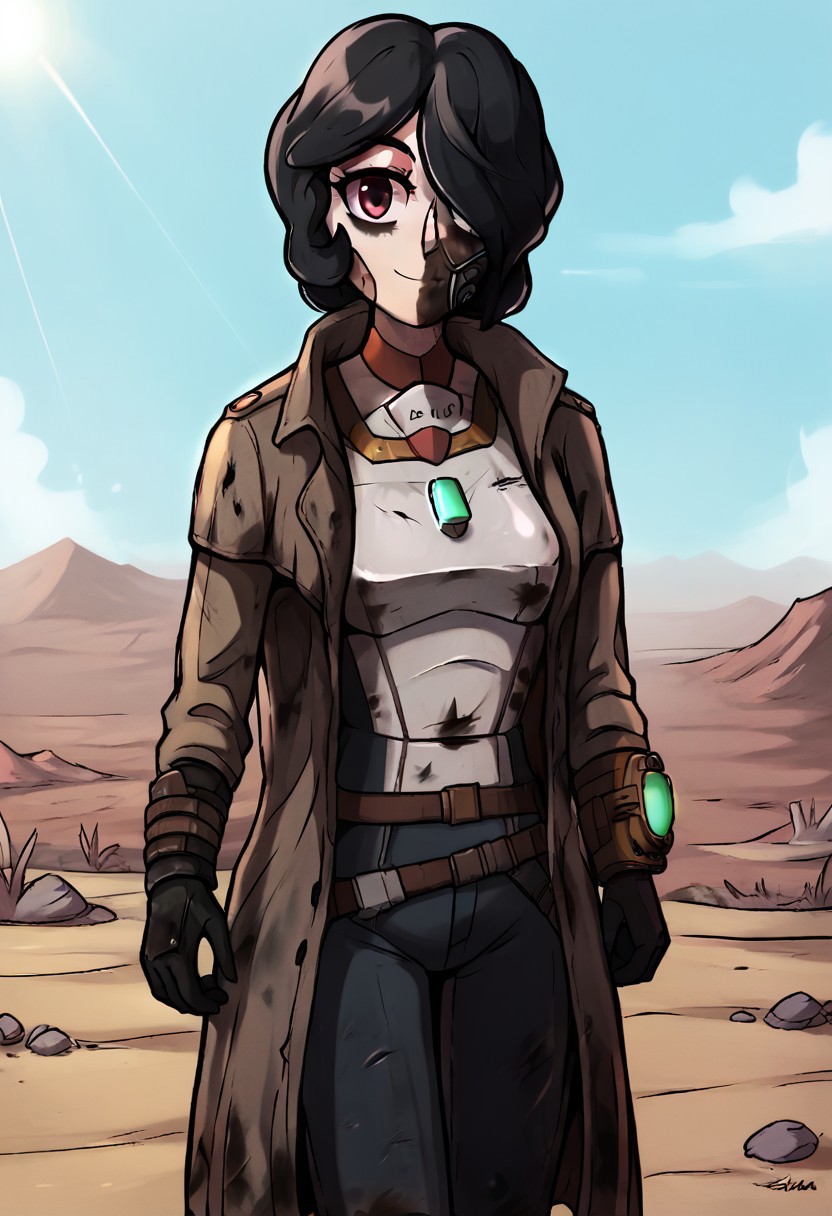 score_9, score_8_up, score_7_up, score_6_up, BREAK, solo, 1girl, Aria, power armor, short black hair, d3sertranger, outdoors,desert,wasteland,scenery,sunlight,day, black gloves,black trench coat,breastplate, absurdres,medium hair,dirty,dirty clothes,hair over one eye, cowboy shot,looking at viewer,cute,attractive, eye contact,standing,smirk, anime style,vibrant,studio anime,highly detailed,
