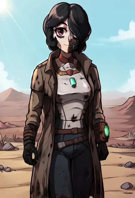 score_9, score_8_up, score_7_up, score_6_up, BREAK, solo, 1girl, Aria, power armor, short black hair, d3sertranger, outdoors,desert,wasteland,scenery,sunlight,day, black gloves,black trench coat,breastplate, absurdres,medium hair,dirty,dirty clothes,hair over one eye, cowboy shot,looking at viewer,cute,attractive, eye contact,standing,smirk, anime style,vibrant,studio anime,highly detailed,