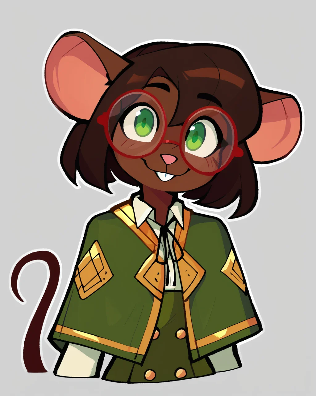 score_9_up, score_8_up, score_7_up, score_6_up, by remanedur, furry female, half-length portrait, female, furry, mouse, green eyes, brown hair, brown skin, short hair, green gloves, capelet, skirt, collared shirt, thigh boots, red round glasses, tail, small breasts, looking at viewer, smile, happy, head tilt, solo, three-quarter view, simple background, white outline, <lora:Leah_Pines(AIM)_XL_v1:0.15> <lora:PDXL_artist_tags_v2_big:0.5> <lora:The-Minuscule-Task_PDXL_v1.0:0.6> <lora:Olive_BumbleSteak:0.7>