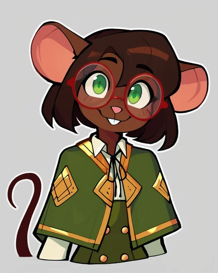 score_9_up, score_8_up, score_7_up, score_6_up, by remanedur, furry female, half-length portrait, female, furry, mouse, green eyes, brown hair, brown skin, short hair, green gloves, capelet, skirt, collared shirt, thigh boots, red round glasses, tail, small breasts, looking at viewer, smile, happy, head tilt, solo, three-quarter view, simple background, white outline, <lora:Leah_Pines(AIM)_XL_v1:0.15> <lora:PDXL_artist_tags_v2_big:0.5> <lora:The-Minuscule-Task_PDXL_v1.0:0.6> <lora:Olive_BumbleSteak:0.7>