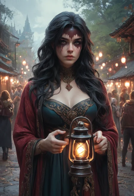 1girl, realistic, photo, dramatic, dynamic action, eye paint, dreads, jewelry, long hair, multiple women, w1+ch, PonyScores7, outdoors, breasts, holding lantern, lantern <lora:Witch3-000009:1>
