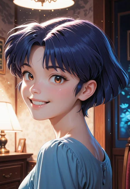 HDR, 8K, high contrast, masterpiece, best quality, amazing quality, very aesthetic, high resolution, ultra-detailed, absurdres, newest, scenery, chiaroscuro, 1girl, solo,akane_tendou, short_hair, blue_hair, brown_eyes, cute smile, teeth, cute eyes, , dim lighting ,looking back at viewer, dark room, face focus, head shot BREAK, beautiful detailed eyes, detailed skin, detailed hair, volumetric lighting, dappled light, light particles, dramatic shadows, cinematic lighting, photo background, <lora:ponyxl\cfg_scale_boost:0.7> h4v_h0l0,