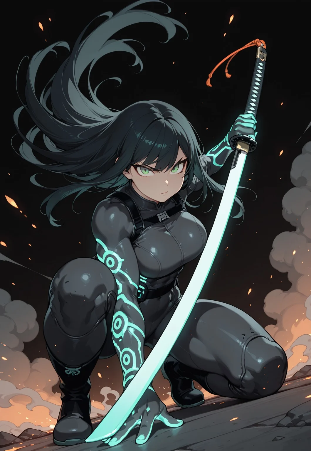 masterpiece, best quality, amazing quality, 1girl, solo,
dynamic composition, muscular female, hand on katana, unsheathing, black bodysuit, solo, black hair, looking at viewer, bangs, green eyes, long hair, closed mouth, large muscles, embers, black background, boots, (dynamic pose, one knee on the ground, action pose), fierce expression, dutch angle, foreshortening, twilight, glowing katana, dark, teal and orange theme, gray smoke, neon trim