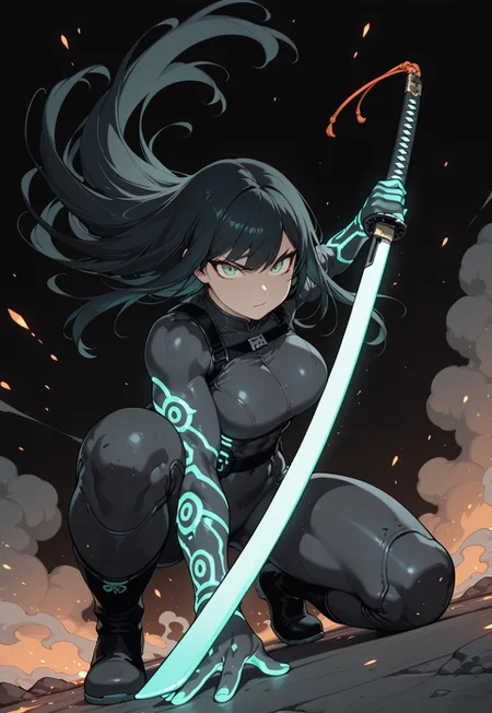 masterpiece, best quality, amazing quality, 1girl, solo,
dynamic composition, muscular female, hand on katana, unsheathing, black bodysuit, solo, black hair, looking at viewer, bangs, green eyes, long hair, closed mouth, large muscles, embers, black background, boots, (dynamic pose, one knee on the ground, action pose), fierce expression, dutch angle, foreshortening, twilight, glowing katana, dark, teal and orange theme, gray smoke, neon trim