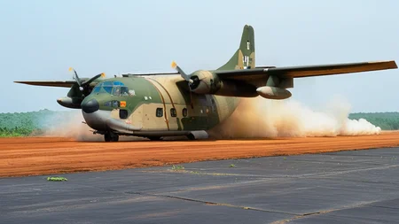 cinematic movie still of USAF (AIR_C123:2) landing on a dirt airstrip, engine on fire, viet nam, jungle in background, smoke and fire in the distance, hyperdetailed, shallow depth of field, f1.4, <lora:AC_C123:1>