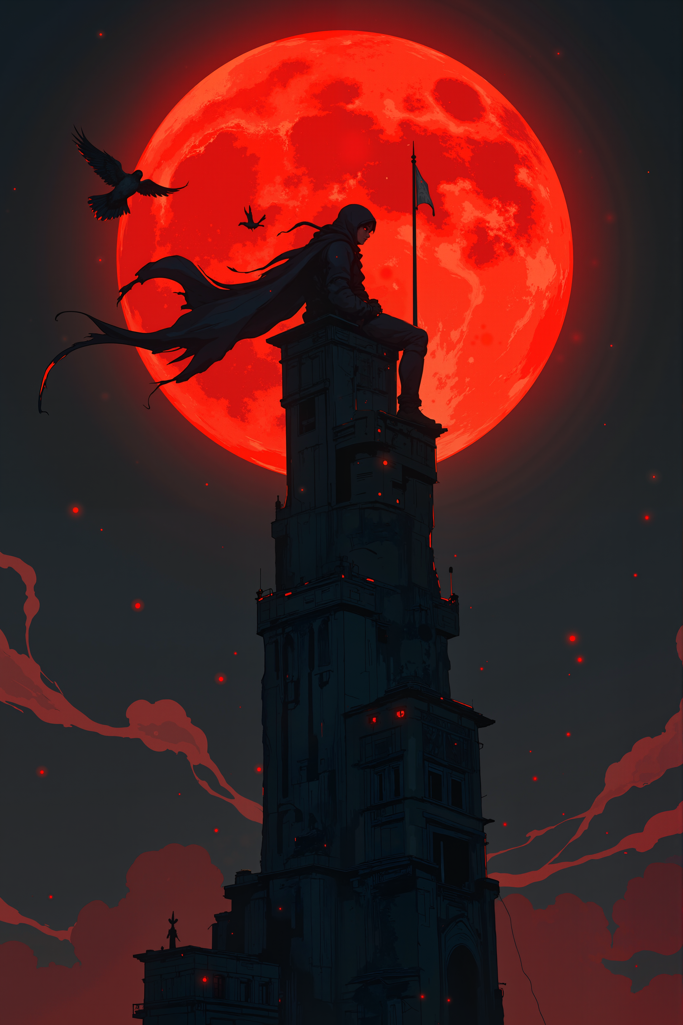 Atop an impossibly high spire, a lone figure sits cross-legged on the very edge, silhouetted against a blood-red moon that looms impossibly large behind them. The wind howls through the jagged, broken towers around them, remnants of a forgotten kingdom now reclaimed by the sky. Torn banners, their symbols long worn away, flap violently in the night air, the only remnants of a war no one remembers. The figure's eyes glow faintly beneath their hood, reflecting the eerie light of the celestial body above. A murder of crows circles the tower, their black feathers catching the moonâs crimson glow as they drift in chaotic spirals. Below, the world is lost in thick mist, concealing whatever land may remain beneath the eternal night. The figure exhales slowly, their breath visible in the frigid air, their purpose unknown, their presence an enigma against the endless void. , detailed background  Fantastic lighting. Detailed shadows.intricate details, vivid colors, hyper-detailed, ultra-sharp, , <lora:Semi-realisticPortraitPainting:0.4> <lora:Let_It_Blaze_in_Crimson_anime_v1.0:0.6>
