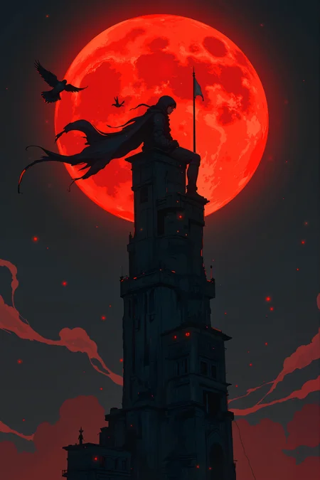 Atop an impossibly high spire, a lone figure sits cross-legged on the very edge, silhouetted against a blood-red moon that looms impossibly large behind them. The wind howls through the jagged, broken towers around them, remnants of a forgotten kingdom now reclaimed by the sky. Torn banners, their symbols long worn away, flap violently in the night air, the only remnants of a war no one remembers. The figure's eyes glow faintly beneath their hood, reflecting the eerie light of the celestial body above. A murder of crows circles the tower, their black feathers catching the moonâs crimson glow as they drift in chaotic spirals. Below, the world is lost in thick mist, concealing whatever land may remain beneath the eternal night. The figure exhales slowly, their breath visible in the frigid air, their purpose unknown, their presence an enigma against the endless void. , detailed background  Fantastic lighting. Detailed shadows.intricate details, vivid colors, hyper-detailed, ultra-sharp, , <lora:Semi-realisticPortraitPainting:0.4> <lora:Let_It_Blaze_in_Crimson_anime_v1.0:0.6>