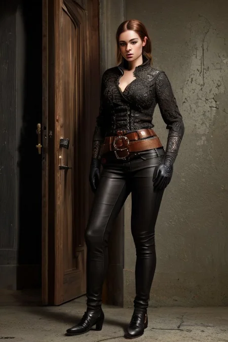 RAW photo, (masterpiece:1.3), subsurface scattering, heavy shadow, (high quality:1.4), (intricate, high detail:1.2), professional photography, HDR, High Dynamic Range, realistic, ultra realistic, photorealistic, high resolution, film photography, ambient lighting, atmospheric effects, <lora:detail_slider_v4:2>, OverallDetail, <lora:FantasyRogues:0.65>, 1girl, beer, belt, black pants, breasts, brown hair, fanrog, glass, gloves, ndoors, jewelry, leather, leather gloves, lips, long hair, night, pants, pouch, solo, standing,