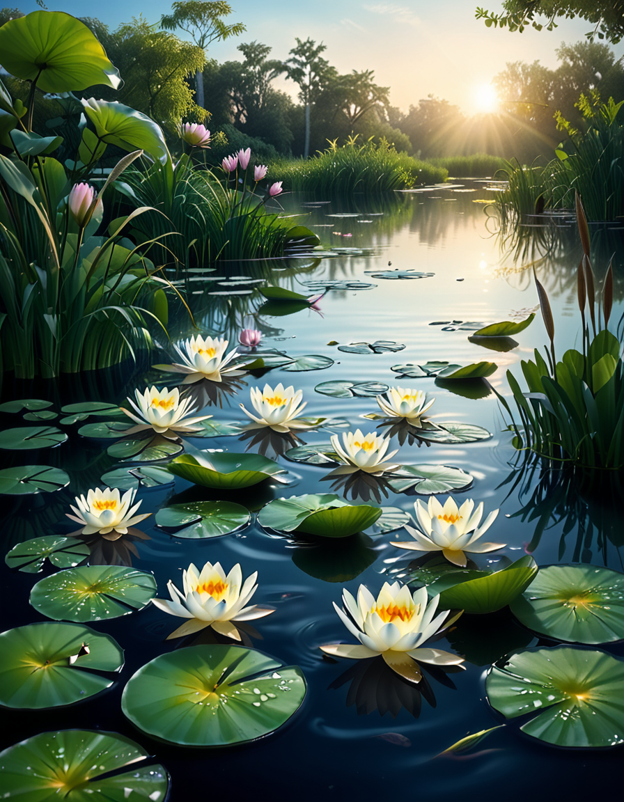 A highly detailed and realistic photograph of a serene lily pond surrounded by lush greenery. The calm water reflects the soft sunlight filtering through the overhanging trees. The surface is adorned with vibrant green lily pads, some with delicate pink and white water lilies in full bloom. A few dragonflies hover above the water, their wings catching the light. Gentle ripples create subtle distortions in the reflection of the sky and foliage. In the background, a dense array of reeds and aquatic plants frame the pond, adding depth and texture. The soft golden glow suggests late afternoon or early evening, enhancing the tranquil and picturesque atmosphere. The composition is balanced, drawing the viewerâs eye toward the natural beauty of the water lilies and their intricate details.
 <lora:SDXLFaeTastic2400:0.4> <lora:extremely_detailed:0.4> extremely detailed,<lora:lily_p0nd:1>,lily p0nd, Masterpiece,best quality,hi res,8k,hi res,8k,award winning,(sharp focus, intricate, highly detailed),