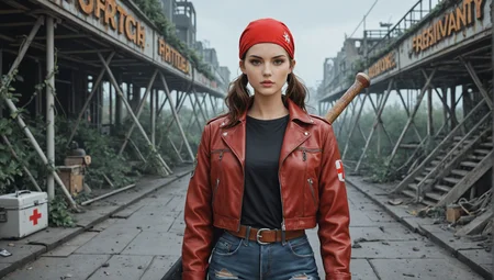 Constanze_Kravin, (blurred background), 8k, best quality, depth of field, dynamic lighting, high detail, masterpiece, photorealistic, realistic, ultra-HD, very aesthetic, (fashion photoshoot:1.1), 1girl, Dynamic pose, (upper body shot, solo focus, cinematic photoshoot of perfect adult woman Rediscovering an Abandoned Amusement Park:1.15), (34 years old, skinny, slender, adult woman:1.15), (Oval-shaped face, Bright , thin arched defined eyebrows:1.1) vibrant graffiti art, rusty roller coaster backdrop, tattered scarves, distressed leather jacket, makeshift shelters among broken rides, abandoned amusement park reclaimed by nature, with overgrown vines entwining rusted rides and a hauntingly beautiful aura as twilight filters through the foliage. [post-apocalyptic chic], urban survival theme, dramatic evening lighting casting long shadows, (fearless expression:1.15), red weathered jacket with frayed edges, survival theme, [layered over a faded black T-shirt with a humorous, slightly rebellious slogan], denim jeans torn strategically distressed, Practical first aid kit on her belt with visible signs of use, makeshift survival tool strapped to her leg, practical worn leather boots, scuffed at the toes, bandana, fingerless gloves, scratched functional digital wristwatch determined gaze with smudged eyeliner, stands confidently, survivor dystopian world, carrying Dented metal baseball bat with faded logos, (small gnome statue:1.03), (contrapposto)