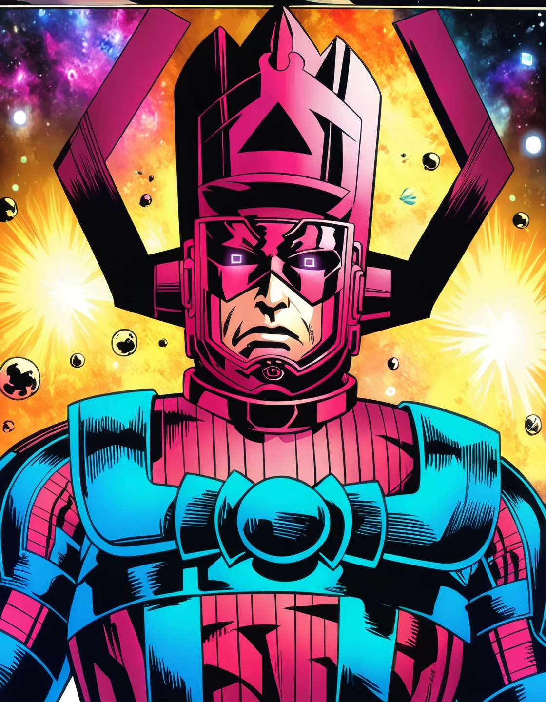 masterpiece, UHD, 8K, ultra detailed, highly detailed comic illustration picture of galactus surprised , glowing square eyes, background is comic void of space, (high resolution comic book art style quality:1.3), 4k epic detailed, OverallDetailXL <lora:galactus_SDXL_v1-000009:1>