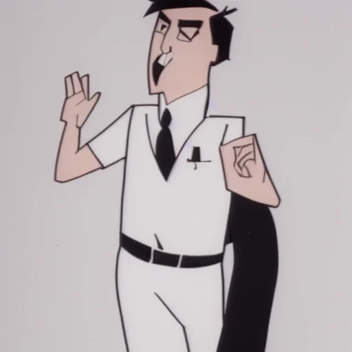 black hair, black pants, angry, black necktie, tongue, white shirt, arm behind back, open mouth, pants