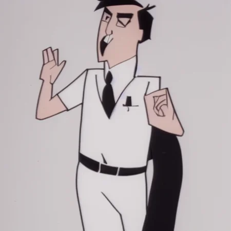 black hair, black pants, angry, black necktie, tongue, white shirt, arm behind back, open mouth, pants