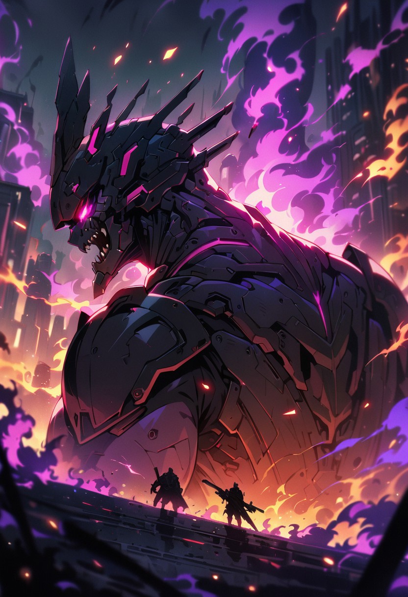 dark cyberpunk, (from the back),2men, cyber-samurai, fighting the monster, monster, (fire and smoke pillar), (masterpiece), (best quality), (ultra-detailed), very aesthetic, illustration, perfect composition, intricate details, absurdres, (anime, masterpiece, intricate:1.3), (best quality, hires textures, high detail:1.2), (4k),(incredibly detailed:1.4) 
masterpiece:1.2, best quality:1.5, highly detailed, depth of field, cinematic lighting, intricate, 8k wallpaper, cg, sharp focus, glowing, purple fire