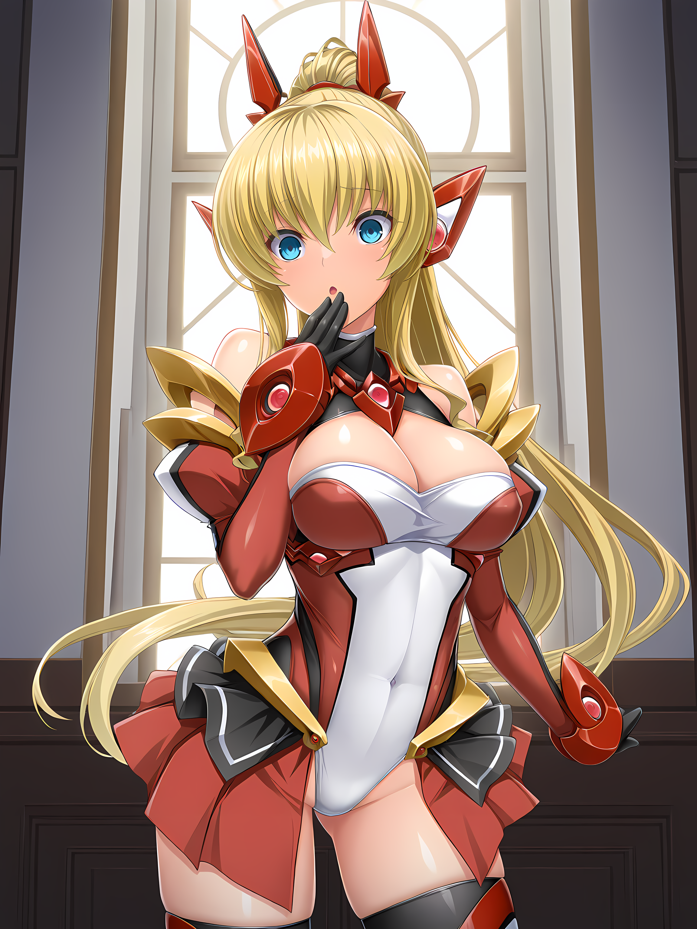 <lora:Ries_v2>,ries,indoors,inoino,:o,large breasts,exstia outfit,standing,posing,hand to own mouth,, masterpiece,best quality,amazing quality,