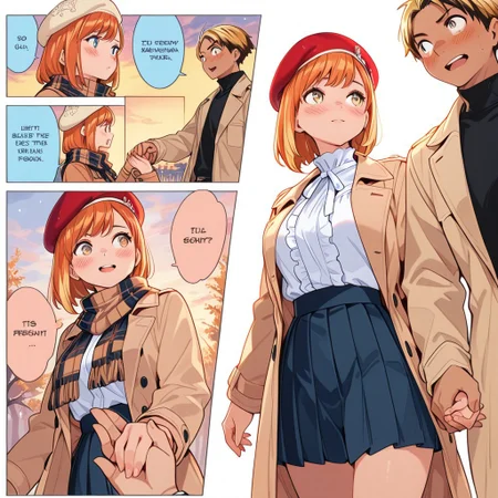 highres, ultra-detailed, illustration, colorful, masterpiece, extremely detailed, 8k, manga art style, multiple panels, (1girl, auburn bob, cream beret, navy-blue pleated skirt, white blouse with frills, cute face), (1boy, sandy blond hair, tan trench coat over black turtleneck, plaid scarf), holding hands, strolling in the park, blush, soft lighting, absurdes