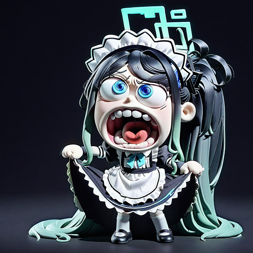 <lora:claymation-style_a31_xl_1:1>,claymation-style,<lora:chibi_teeth_a3.0:1>,chibi, parody, open mouth, teeth,(masterpiece),(best quality),masterpiece,best quality,very aesthetic,absurdres,newest,
BREAK
sdorica composition,black background,simple background,character name,
BREAK
1girl, solo, aris \(blue archive\), aris \(maid\) \(blue archive\), halo, long hair, black hair, thighhighs, white thighhighs, apron, blue eyes, official alternate costume, maid headdress, maid, very long hair, full body, simple background, white background, short sleeves, open mouth, dress, looking at viewer, maid apron, white apron, black footwear, borrowed clothes, shoes, black dress, frilled apron, frills, blush, upper teeth only, ponytail, smile, puffy sleeves, standing, side ponytail, teeth, puffy short sleeves, absurdly long hair, garter straps, skirt hold, bow, sidelocks,