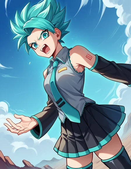 score_9, score_8_up, score_7_up, source_anime, <lora:super-saiyan-ponyxl-lora-nochekaiser:1>, super saiyan, spiky hair, aura, open mouth, closed hands, shouting, breast, <lora:hatsune-miku-cosplay-ponyxl-lora-nochekaiser:1>, hatsunemikucosplay, hatsune miku \(cosplay\), aqua necktie, black footwear, black skirt, black sleeves, boots, collared shirt, detached sleeves, grey shirt, necktie, pleated skirt, shirt, skirt, sleeveless, sleeveless shirt, thigh boots, tie clip,, wasteland, sky, blue sky, clouds,, cowboy shot, dutch angle, looking at viewer,