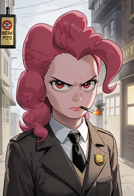 A noir-inspired movie poster with a detective Pinkie Pie glaring at a security camera. She has red smoking eyes and is wearing a trench coat. The background is a dimly lit alley. The title of the movie is "NO PONY BREAKS A PINKIE PROMISE" in the middle.