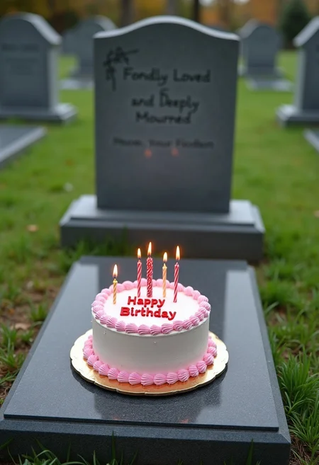 Cemetery, Birthday cake on the grave, the inscription on the cake "Happy Birthday", Memorial Headstone Epitaphs: "Fondly loved and deeply mourned"