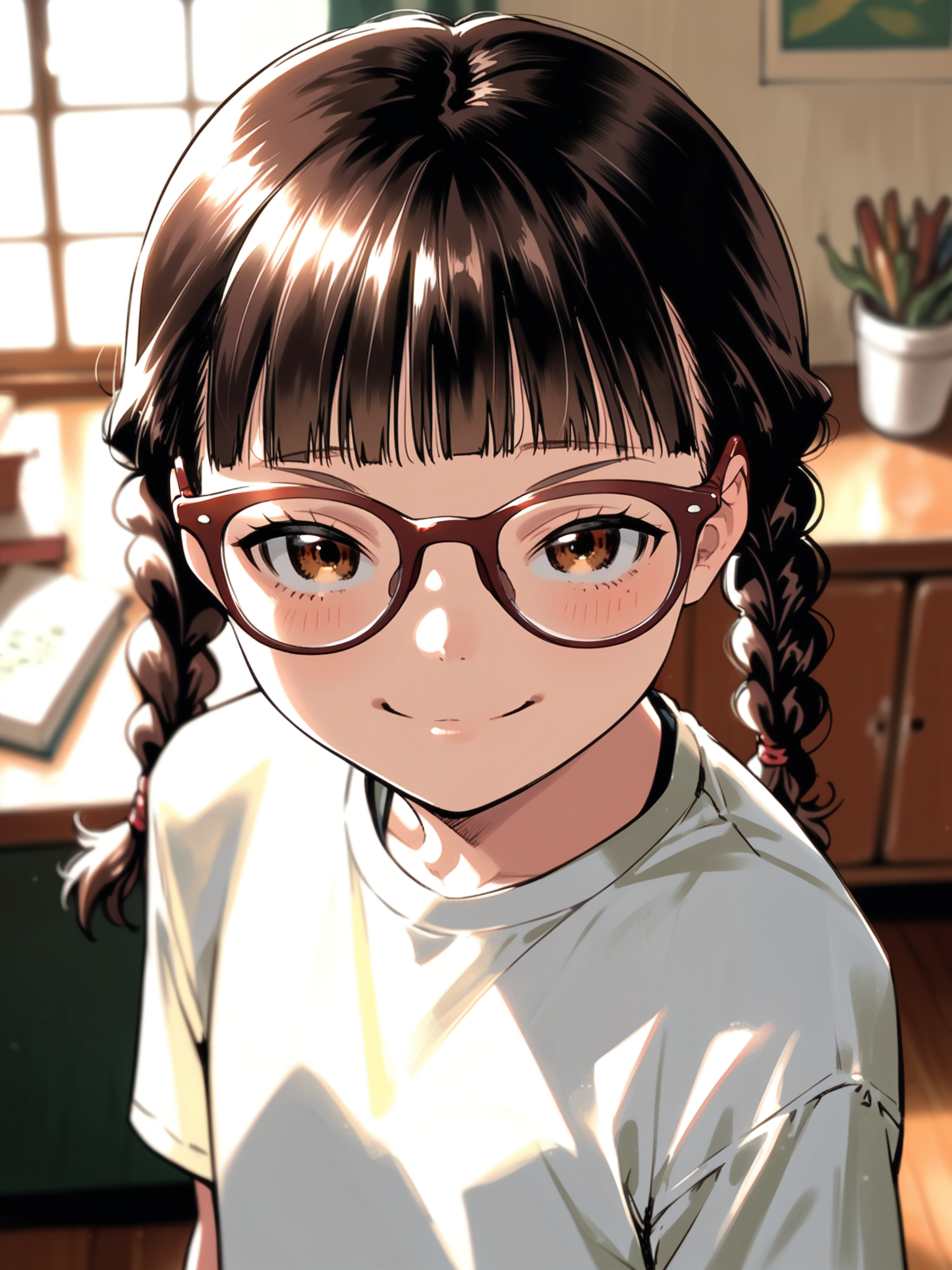 <lora:happy_tentacle-mitorinka-v0.2:1>, ht_mitorinka, glasses, flat chest, brown hair, brown eyes , smug, indoors, living room cowboy shot, 1girl, (petite:1.2), solo focus, (looking at viewer:1.1), backlighting, (depth of field:0.8), from above, [(realistic, photorealistic:1.2):(realistic:1.2):22], [(3d:1.2)::12], <lora:LUUNA's Lunas-NijiJourney-SDXL-B2:0.5>, nijijourney, <lora:prgfrg23's Counterfeit-V3.0 Style SDXL_LoRA_Pony Diffusion V6 XL:0.35>, <lora:Shed_The_Skin's StS_age_slider_v1_initial_release:-1>, score_9, score_8_up, score_7_up, score_6_up, score_5_up, score_4_up