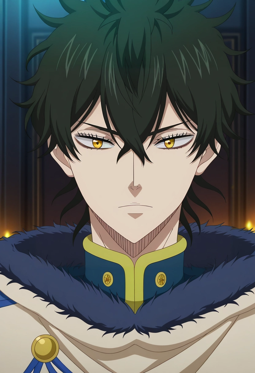 masterpiece, best quality, intricate details, anime screencap, anime coloring, official style, , 1boy, solo, male focus, <lora:yuno_black_clover_ilxl:0.98>, yuno_black_clover, black hair, yellow eyes, short hair, hair between eyes, fur trim, ,