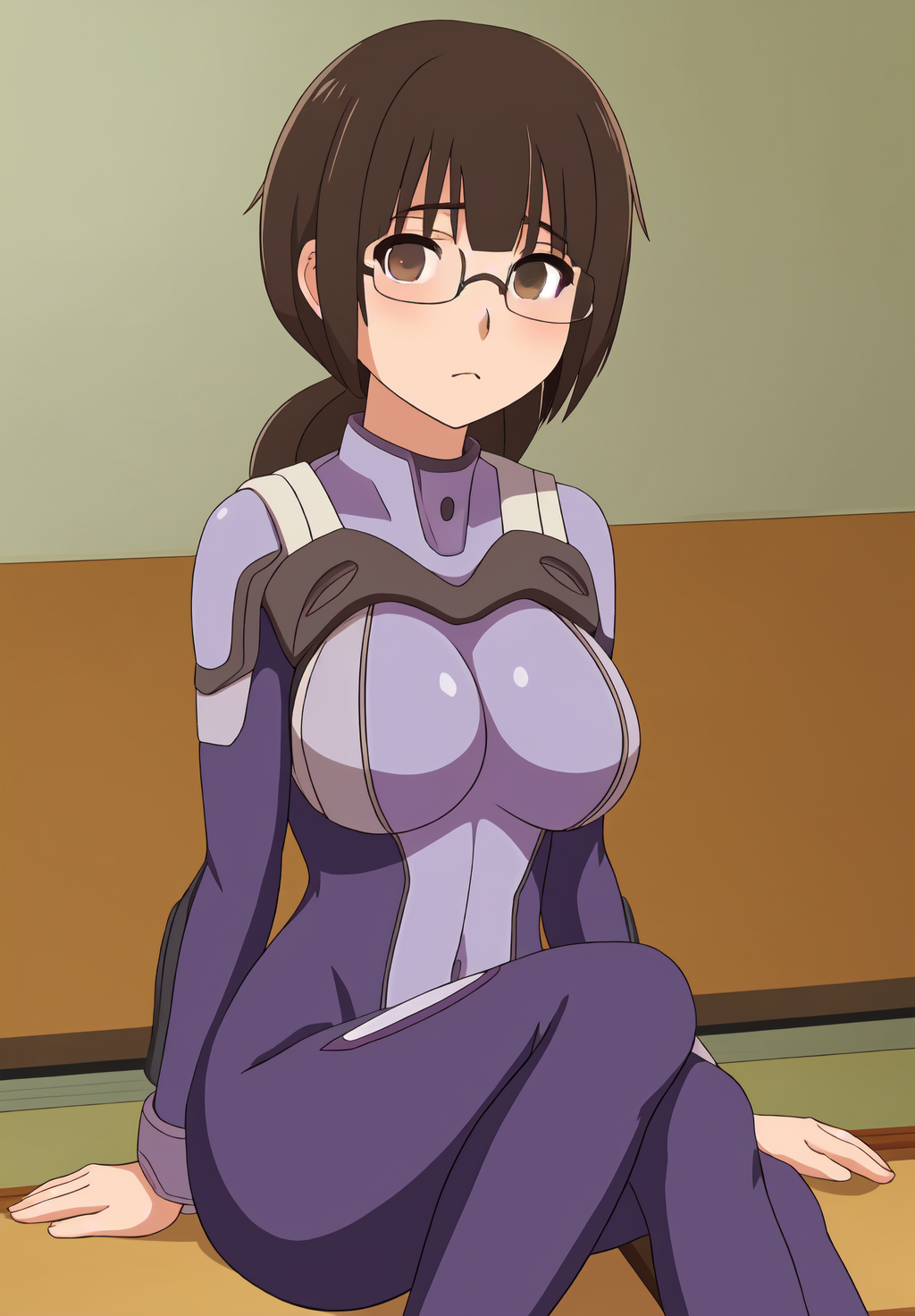 <lora:Yun-hua_Lu:0.6>, Yun-hua_Lu, 1girl, solo, bodysuit, sitting, shy, arms behind legs, glasses,