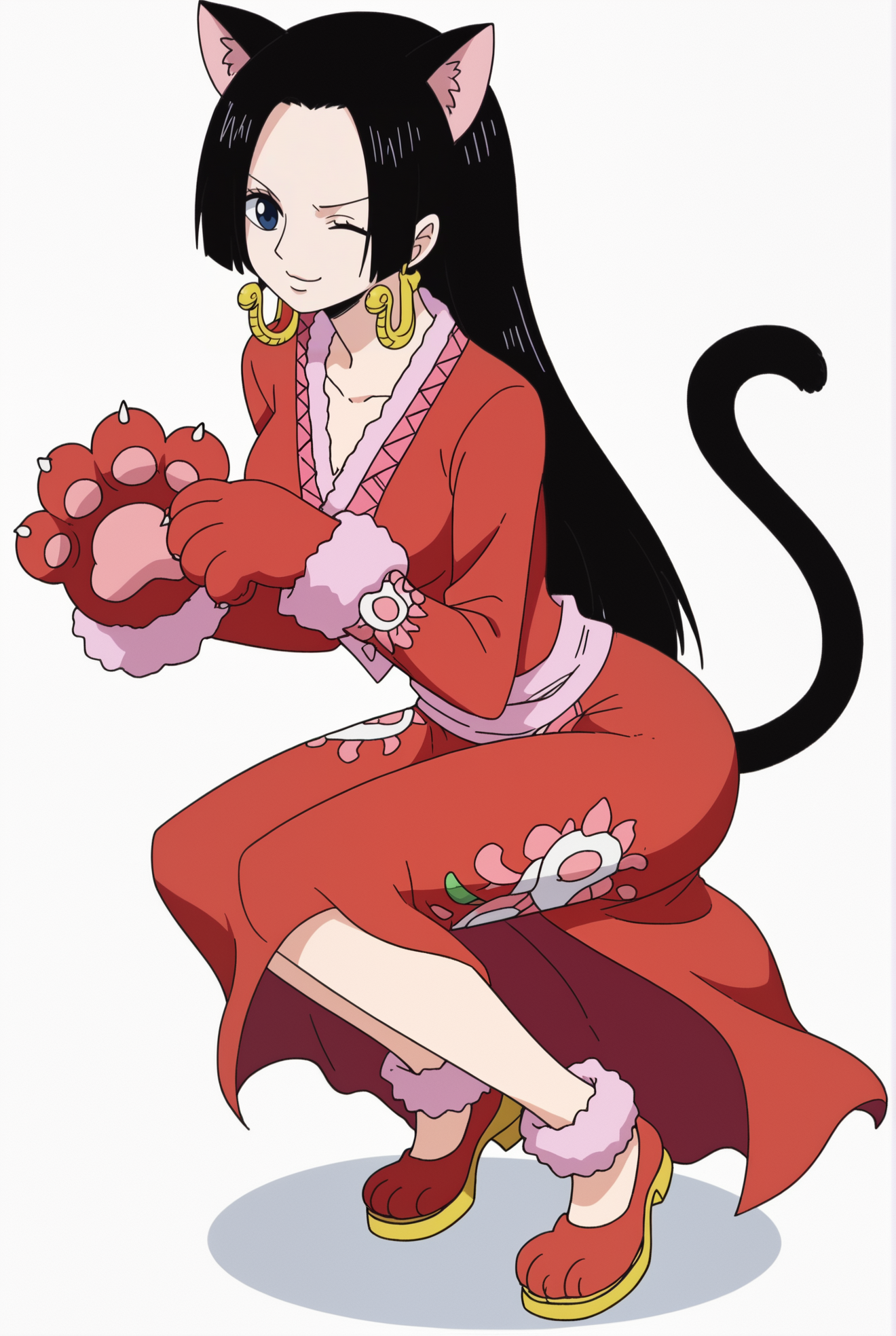 <lora:Hancock_Boa:0.8>, white background, Hancock Boa, 1girl, one eye closed, solo, animal ears, tail, white background, cat ears, cat tail, paw gloves, full body
