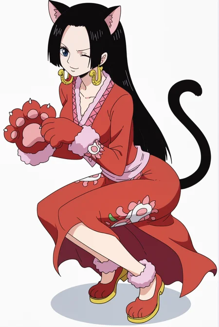 <lora:Hancock_Boa:0.8>, white background, Hancock Boa, 1girl, one eye closed, solo, animal ears, tail, white background, cat ears, cat tail, paw gloves, full body