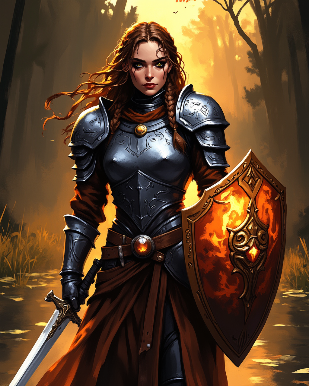 wc1dnd_style, Digital painting, a regal river knight, a woman of unwavering resolve, clad in gleaming steel armor etched with elegant, flowing patterns reminiscent of rippling water. Her amber shield, polished to perfection, glows warmly in the golden sunlight, with intricate carvings of aquatic creatures frozen in the translucent surface like a captured moment in time. She wields a slender longsword, its blade shimmering like liquid silver, the hilt adorned with amber gemstones that glint as the light dances upon them. Her braided hair flows down her back, partially concealed beneath her helm, and her piercing gaze is fixed on the horizon. The serene river winds gently beside her, reflecting her poised figure, while reeds sway in the soft breeze, framing her as a symbol of both strength and grace. Mist rises lightly from the water, lending an ethereal glow to her steadfast presence <lora:Organic_Sauce_-_FLUX:0.2> <lora:Flux.Digital_Painting_DnD:0.9>