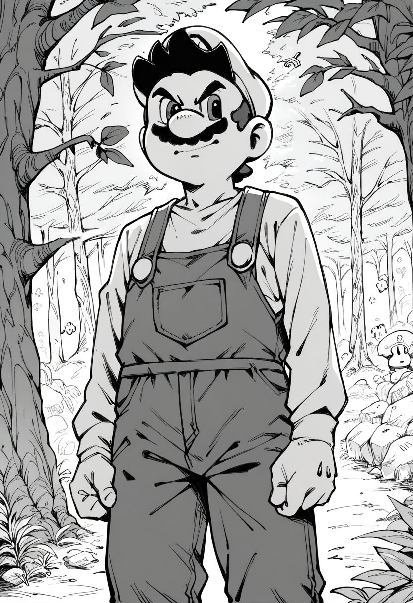 score_7_up, score_8_up, score_7_up, mario, overalls, monochrome, grayscale, forest, cowboy shot