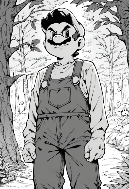 score_7_up, score_8_up, score_7_up, mario, overalls, monochrome, grayscale, forest, cowboy shot