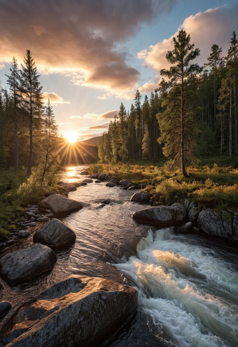 masterpiece, high quality, RAW photo, Norway, amazing nature, primeval wilderness, picturesque forest, epic sunset, bright clouds, beautiful sky, sun, desolate landscape, clean river, scenery, realistic, pristine atmosphere, photorealistic, 8K, highly detailed,