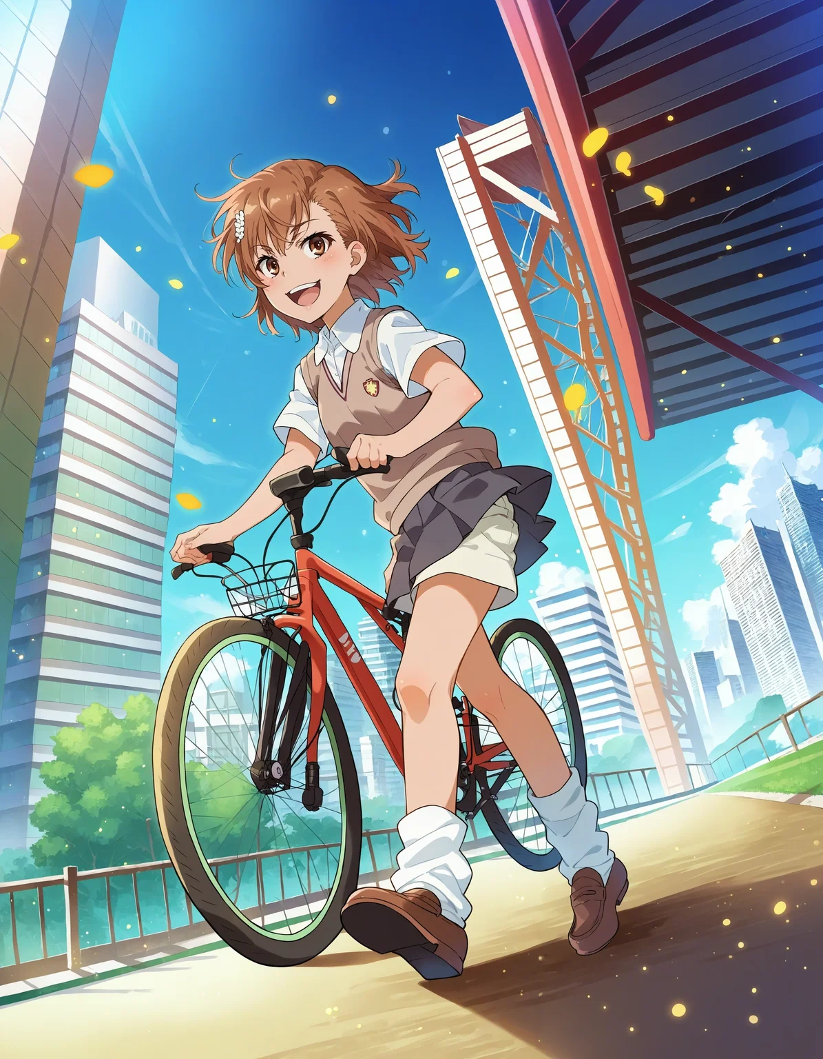 score_7_up, source_anime,
1girl, misaka mikoto, bicycle, brown vest, collared shirt, short sleeves, pleated skirt, shorts under skirt, loose socks, white shorts, short shorts,
dutch angle, full body, blue sky, light particles, smile, from below, leather shoes, loafers, cityscape
<lora:style_railgun-pony-v1.7:1>