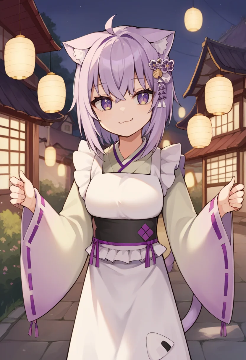 score_9, score_6_up, source_anime, 1girl, solo, town, night, lanterns, okayu_newyears, kimono, white apron, ribbon-trimmed sleeves, hair ornament, cat tail, ahoge, light smile, spread arms<lora:nekomata_okayu_sdxl_pony:1>