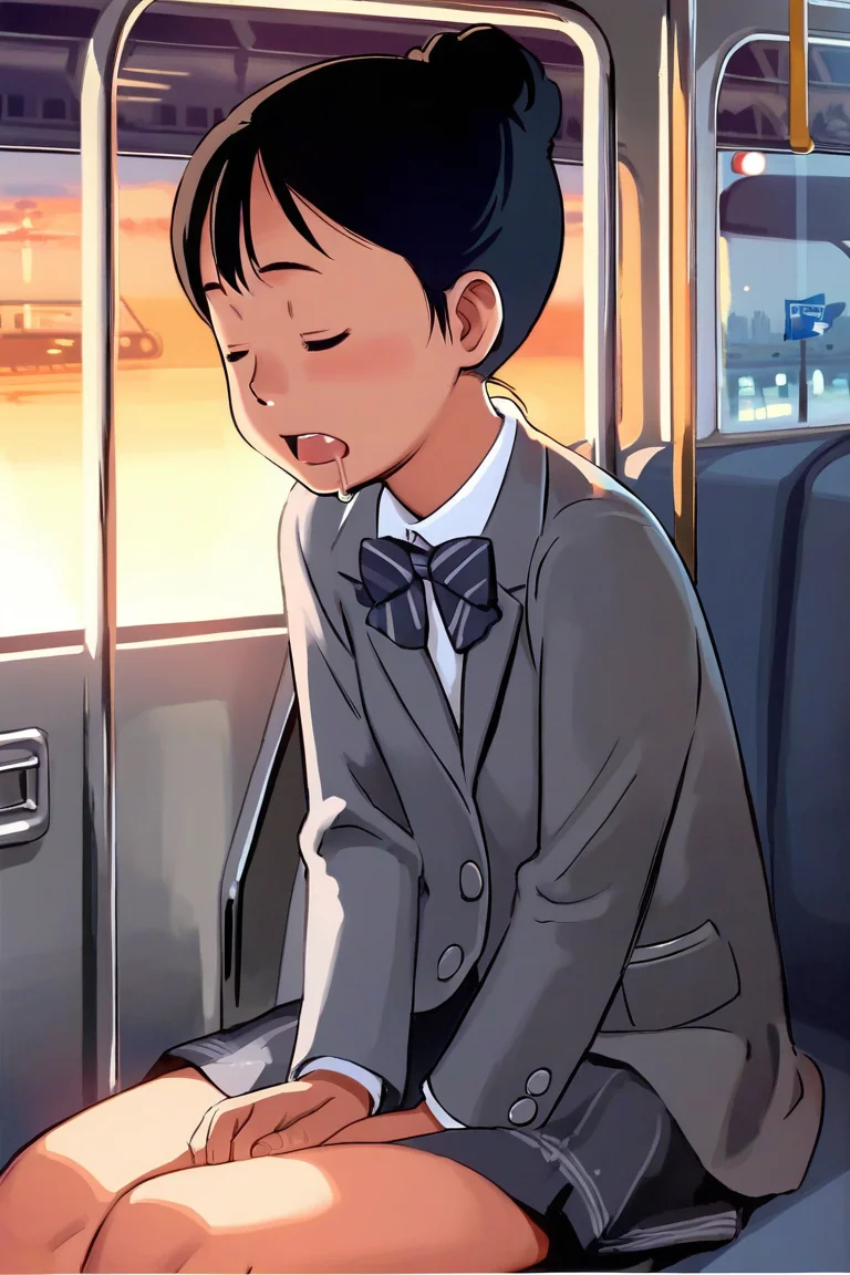 score_9, score_8_up, score_7_up, rating_safe BREAK
1girl, solo, flat chest, single hair bun, dark hair, closed eyes, sleepy, sleeping, (open mouth), ((drool)), grey blazer, white shirt, formal suit, skirt, sitting, (v arms:0.8), public train, train interior, city background, sunset