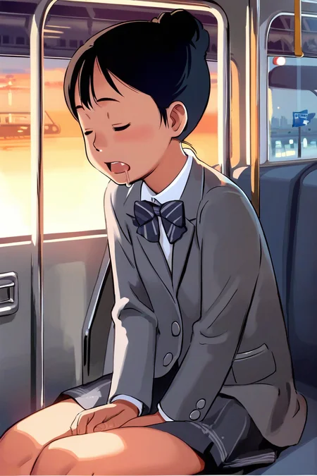 score_9, score_8_up, score_7_up, rating_safe BREAK
1girl, solo, flat chest, single hair bun, dark hair, closed eyes, sleepy, sleeping, (open mouth), ((drool)), grey blazer, white shirt, formal suit, skirt, sitting, (v arms:0.8), public train, train interior, city background, sunset