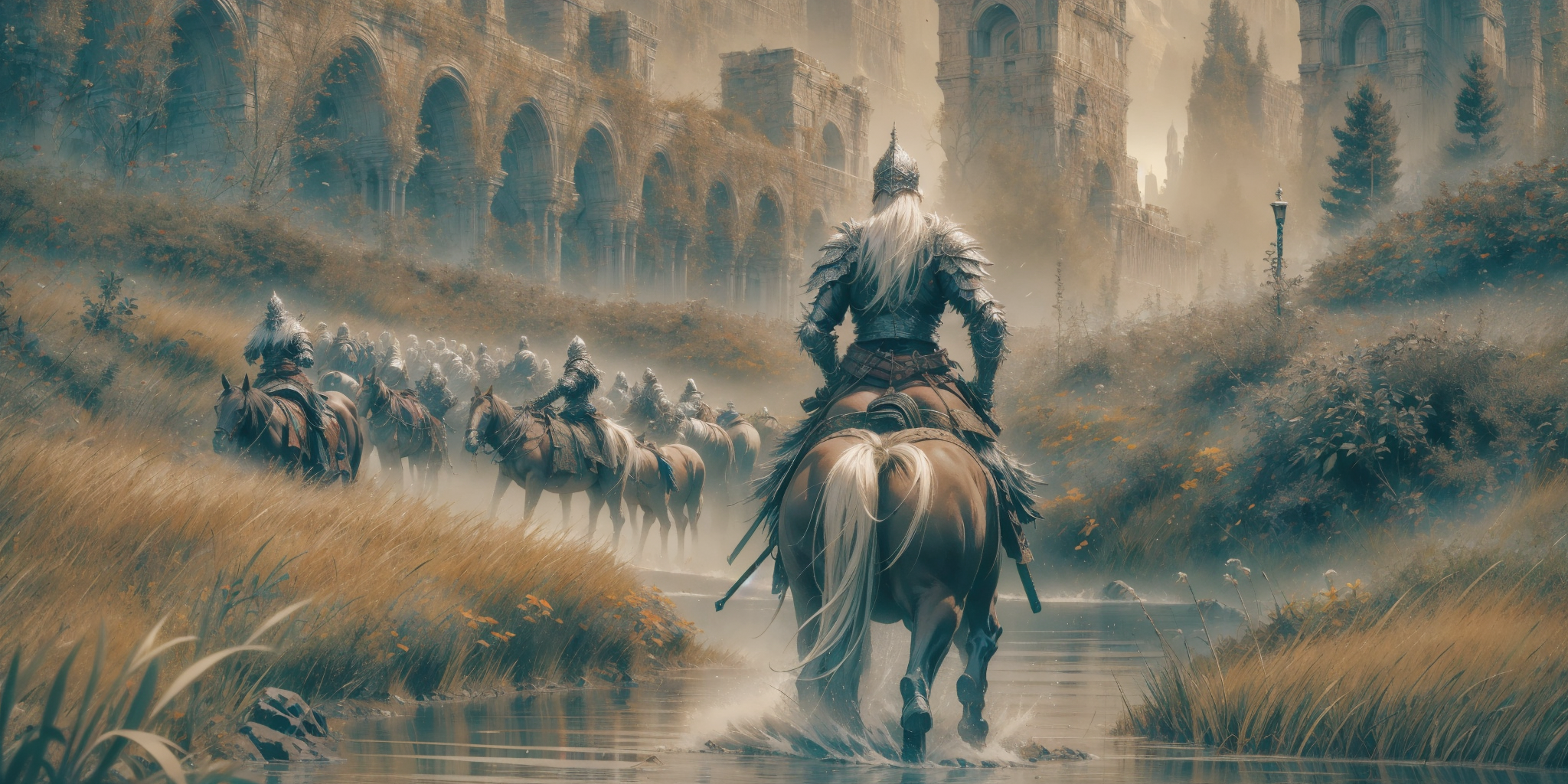 Dreamscape <lora:Shadowland V1.0:0.8>,Beautiful outdoor,outdoors,1boy,solo,white hair,helm,from behind,zoom layer,facing away,armor,horse,horseback riding,holding weapon,holding sword,weapon,sword,standing,
night,monster,water,1other,, edge quality, perspective silhouette, 8k, best quality, masterpiece, extremely detailed, rule of thirds, photorealistic, superb, HDR, high resolution, sharp focus, photorealistic rendering, extremely detailed description, professional, gorgeous and intricate detail, . Surreal, ethereal, dreamy, mysterious, fantasy, highly detailed
