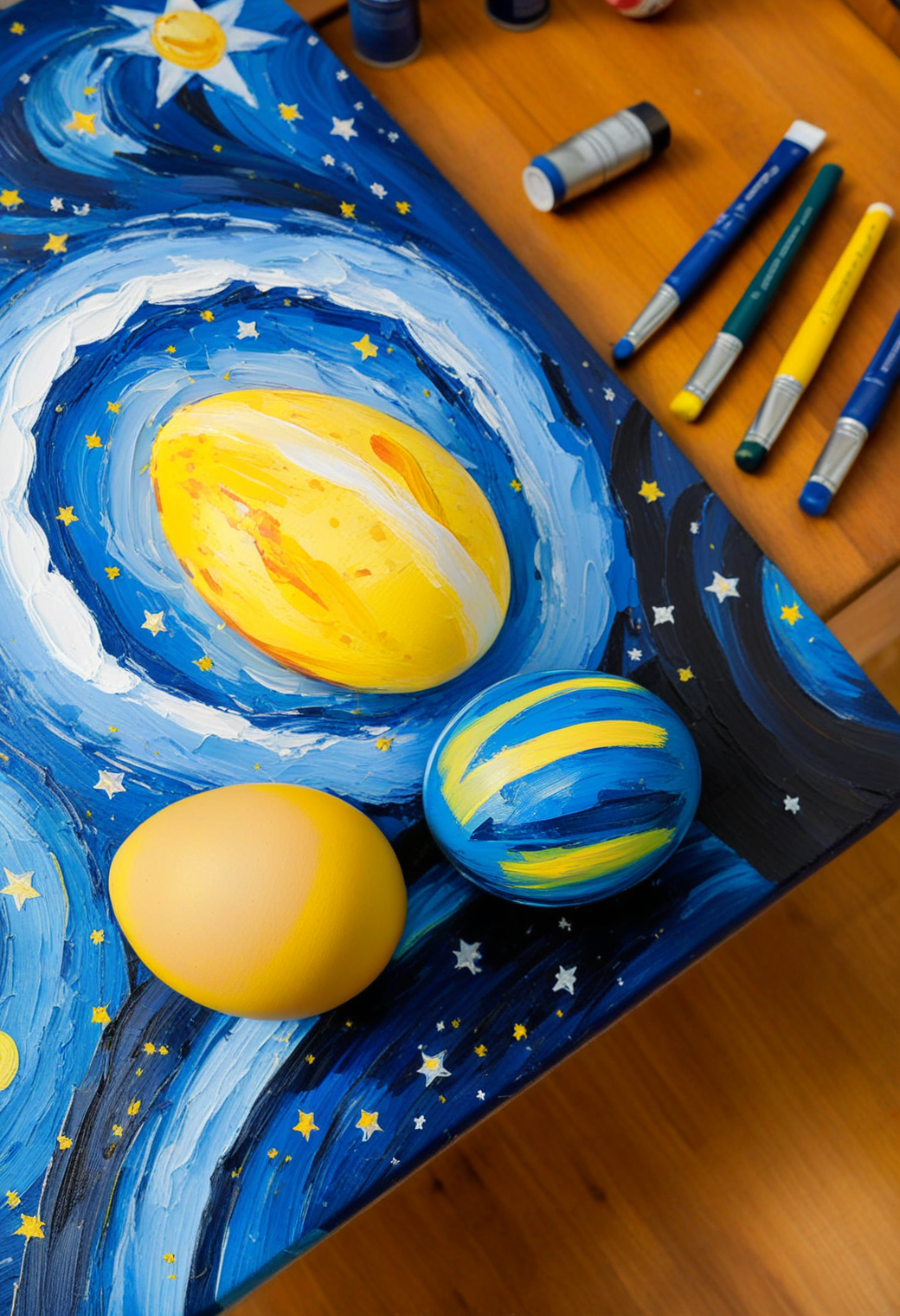 <lora:Sysdeep_EasterEgg:1>, sysdeep_easteregg, easter egg painted with van goghâs starry night, expressive brushstrokes, vibrant blues and yellows, canvas texture, placed on an artistâs desk, paint tubes around