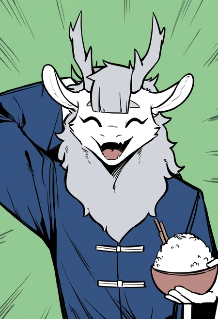 1boy, male focus, (feiren zai:1.1),
furry male, solo, green background, upper body, holding, facing viewer, smile, skin fangs, horns, fangs, open mouth, closed eyes, grey hair, chinese clothes, blue shirt, antlers, furry, dragon boy, arm behind head, emphasis lines, ^_^, ao lie, dragon horns, long sleeves, hair tubes, simple background, chopsticks, holding food, eating, :d, bowl, shirt, wide sleeves, blunt bangs, sidelocks, animal ears, arm up, rice bowl,
masterpiece, best quality
<lora:AoLie(FeirenZai)-NoobXLv1.1-000090:1>