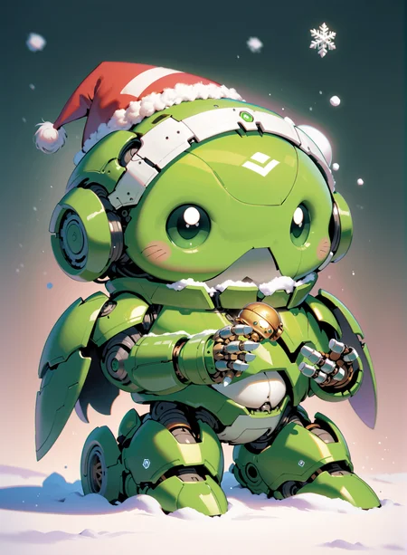 SantaTurtleOverlord, ((no humans)), Cute turtle overlord AI robot,
The santa robots, in the style of dark emerald, childlike illustrations, toycore, poster art, goblin academia, mechanical sculptures, dotted, dynamic angle, outdoors, snow <lora:Earth_SantaTurtles-XL:0.9>